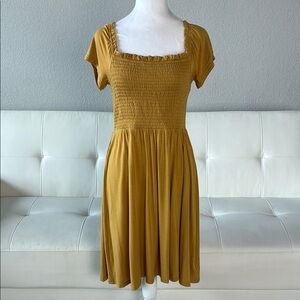 GAP Mustard Smocked Square-Neck Midi Dress